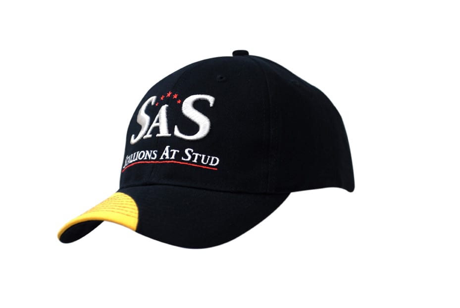 A navy blue cap with a yellow peak, featuring a logo on the front.
