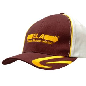 Brushed heavy cotton cap featuring brown and white panels, with crown piping and peak swirl embroidery.