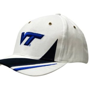 A white cap featuring a black peak and blue accents, with an embroidered logo on the front.