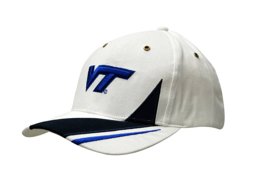 A white cap featuring a black peak and blue accents, with an embroidered logo on the front.