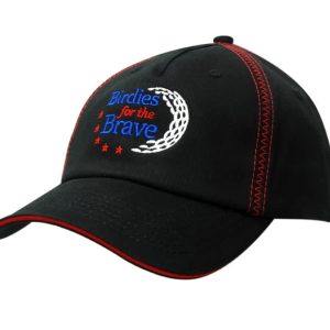 Black cap with red sandwich trim and zig zag crown stitching, featuring an embroidered logo.