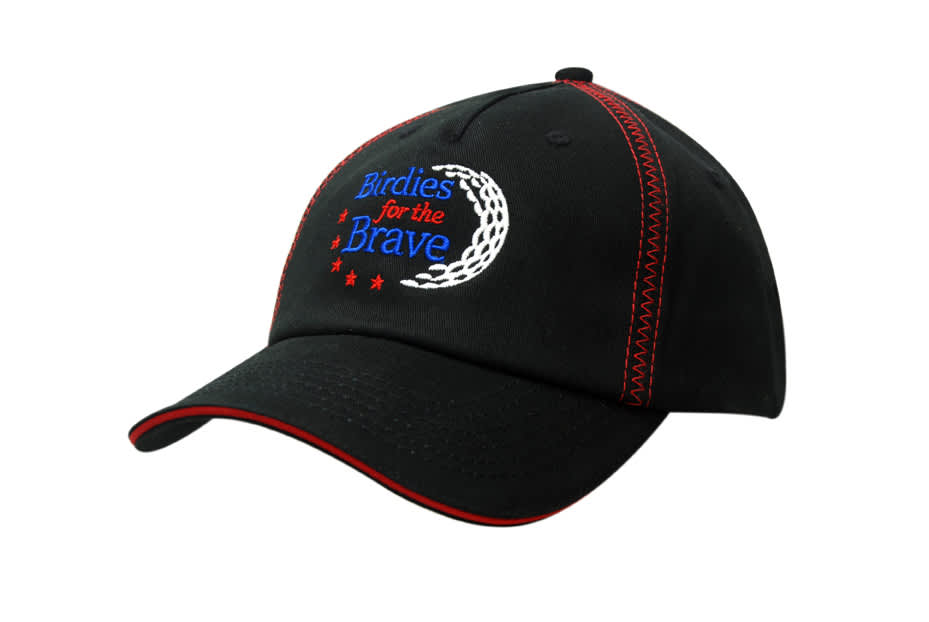 Black cap with red sandwich trim and zig zag crown stitching, featuring an embroidered logo.