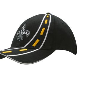 A black cap featuring road embroidery on the crown and peak, with yellow sandwich trim and a logo.