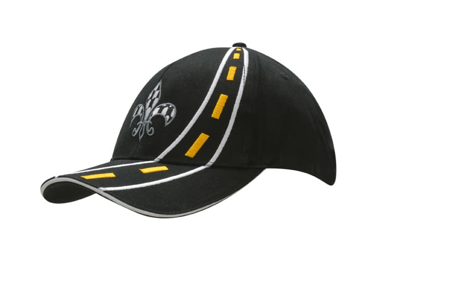 A black cap featuring road embroidery on the crown and peak, with yellow sandwich trim and a logo.
