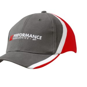 A grey cap with red and white stripes on the crown and peak, featuring a logo on the front.
