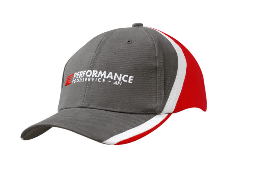 A grey cap with red and white stripes on the crown and peak, featuring a logo on the front.