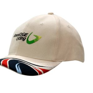 A beige cap with a colourful peak insert and wave embroidery, featuring a logo on the front.