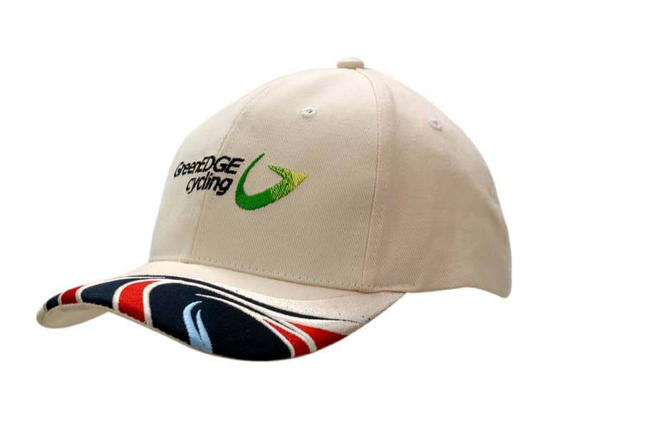 A beige cap with a colourful peak insert and wave embroidery, featuring a logo on the front.