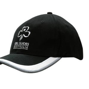 A black cap with a peak, featuring an embroidered logo and a white trim along the peak.