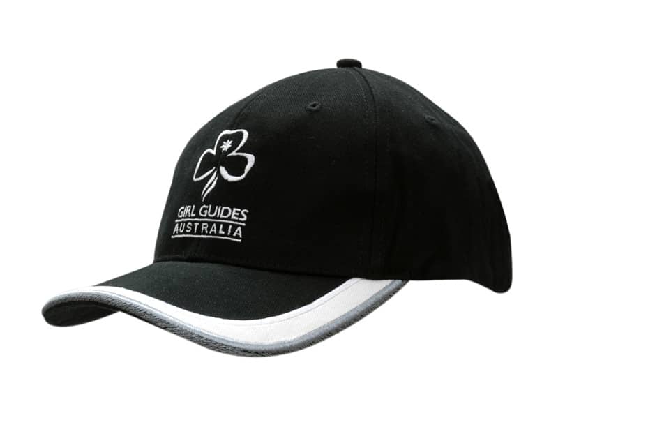 A black cap with a peak, featuring an embroidered logo and a white trim along the peak.
