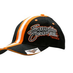 A black cap with orange sandwich trim and fabric stripes on the crown and peak, featuring a logo.
