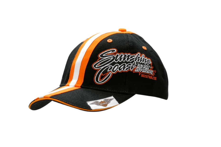 A black cap with orange sandwich trim and fabric stripes on the crown and peak, featuring a logo.