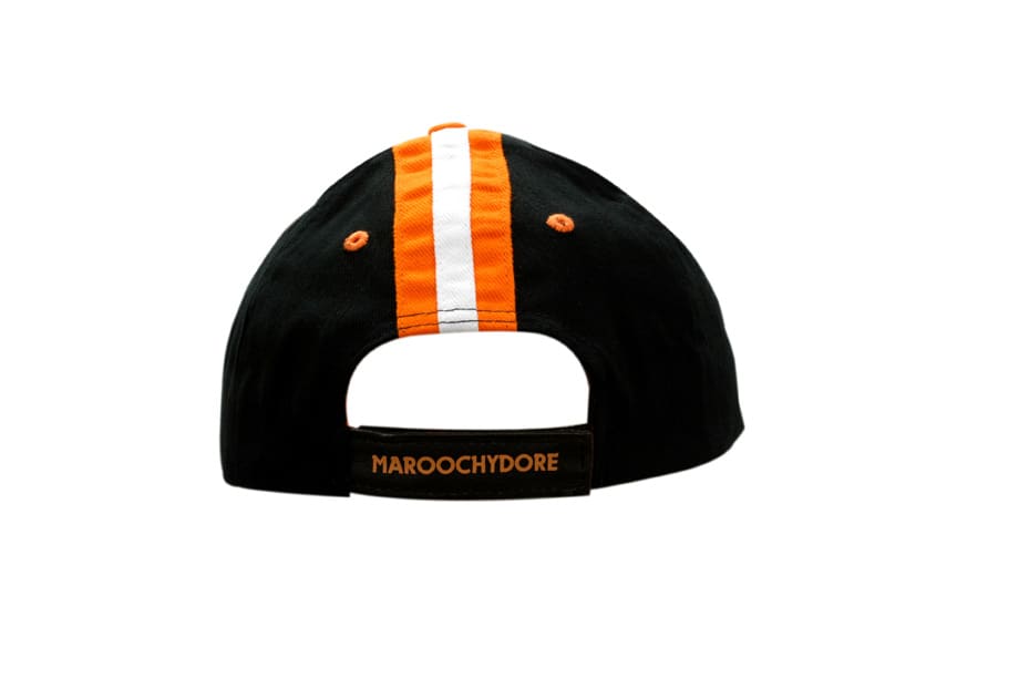 A black cap featuring orange and white fabric stripes on the crown and peak, with a logo on the back.