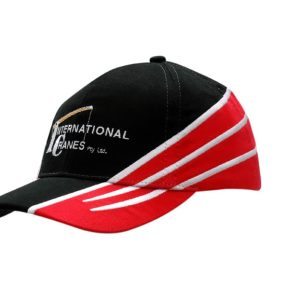 A black cap with red fabric inserts and embroidery on the crown and peak, featuring a logo on the front.