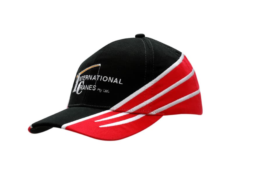 A black cap with red fabric inserts and embroidery on the crown and peak, featuring a logo on the front.