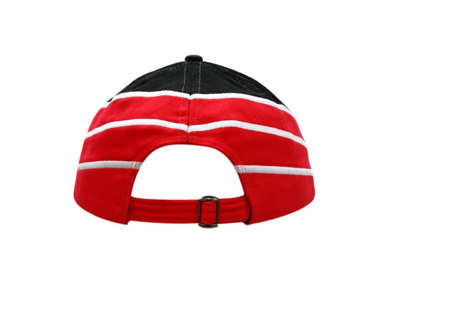 A red and black cap with white stripes, featuring a logo on the back and an adjustable strap.