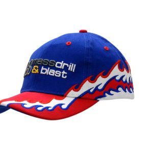 A blue and red cap featuring flame embroidery on the crown and peak, including a logo on the front.