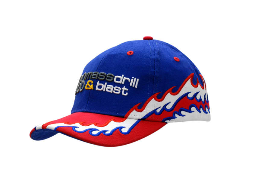 A blue and red cap featuring flame embroidery on the crown and peak, including a logo on the front.