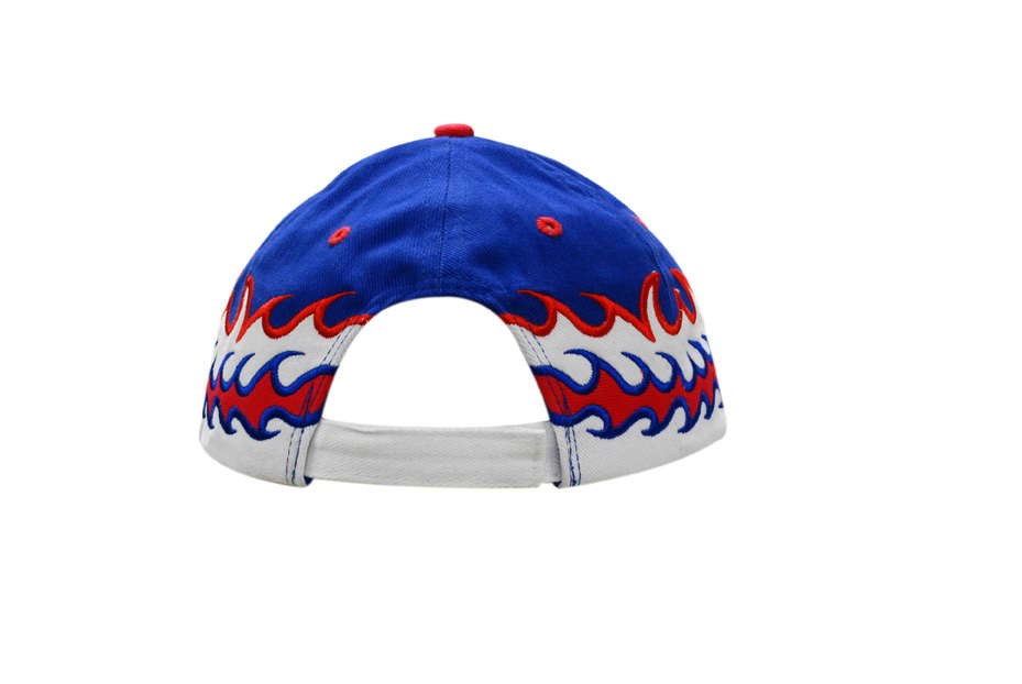 A blue and white cap with red flame embroidery on the crown and peak, featuring an adjustable strap at the back.