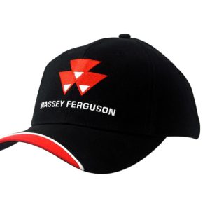 A black cap with red piping and branding, featuring a peak indent design.