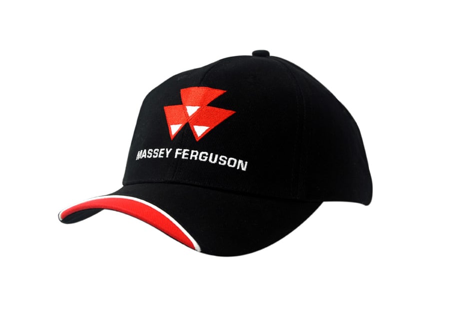 A black cap with red piping and branding, featuring a peak indent design.