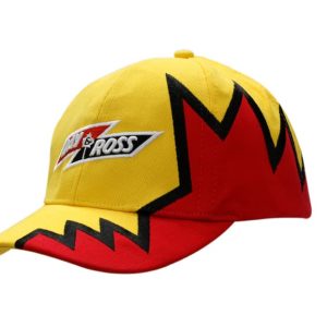 A yellow cap with red and black razor embroidery on the peak and crown, featuring a logo.