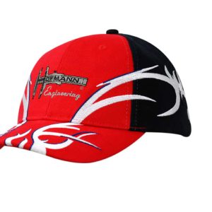 A red and black cap featuring flame embroidery on the crown and peak, with a logo on the front.