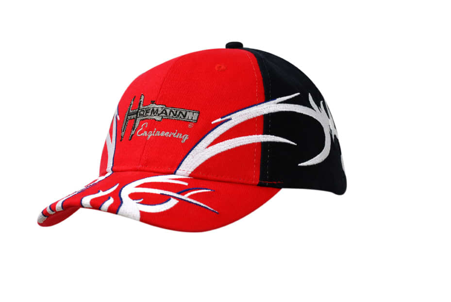 A red and black cap featuring flame embroidery on the crown and peak, with a logo on the front.