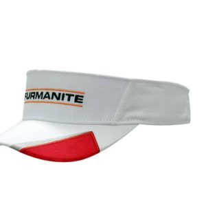 A white visor with a red peak insert and embroidery, featuring a logo on the front.
