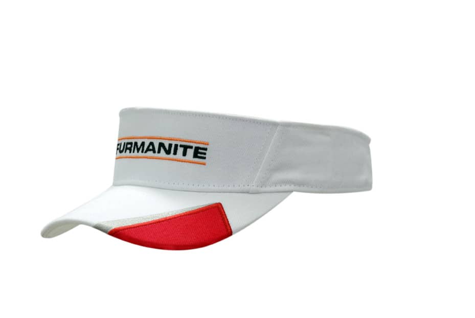 A white visor with a red peak insert and embroidery, featuring a logo on the front.