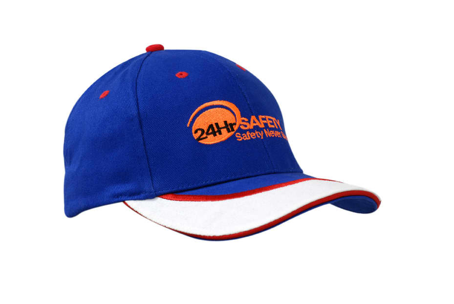 A blue cap with a white sandwich trim and peak indent, featuring an embroidered logo.