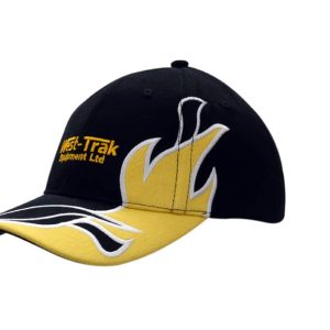 A black and yellow cap with flame designs and a logo on the front. Embroidery accents on the crown and peak.