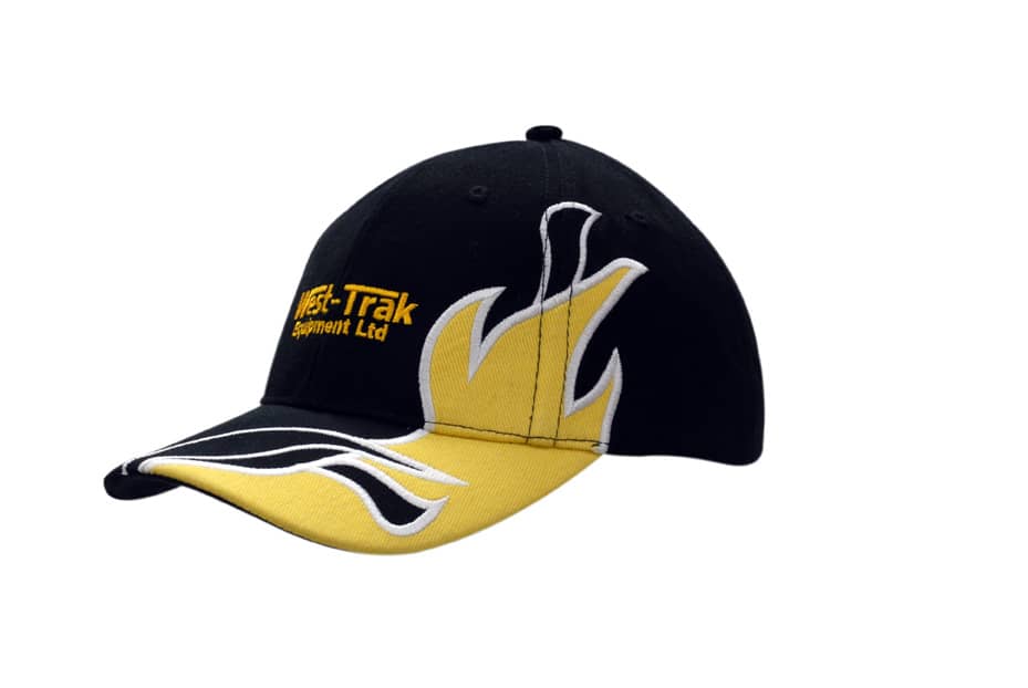 A black and yellow cap with flame designs and a logo on the front. Embroidery accents on the crown and peak.