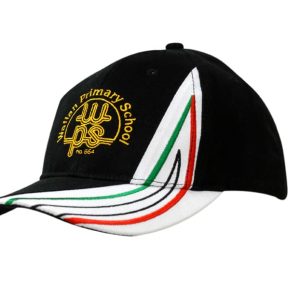 A black cap with a distinctive peak design featuring green, red, and white stripes, and an embroidered logo.