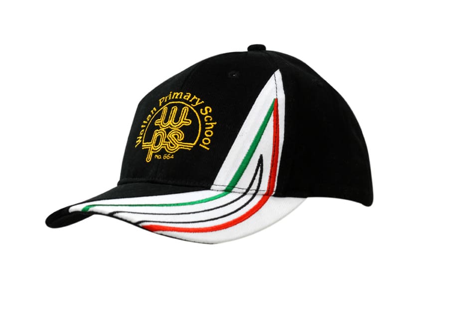A black cap with a distinctive peak design featuring green, red, and white stripes, and an embroidered logo.