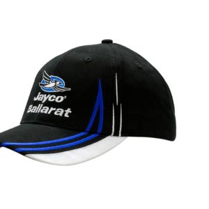 A black brushed heavy cotton cap with peak indents and embroidered logo, featuring blue and white accents.