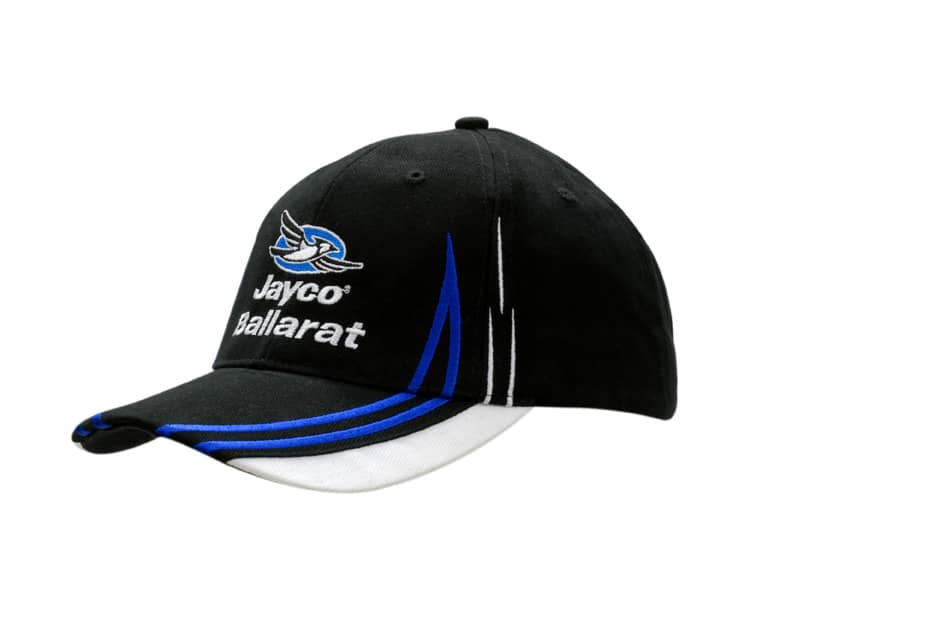A black brushed heavy cotton cap with peak indents and embroidered logo, featuring blue and white accents.