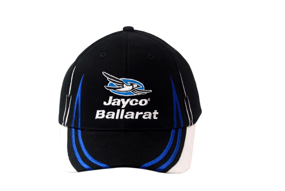 A black cap with blue and white accents features embroidery on the crown and peak, along with a logo.