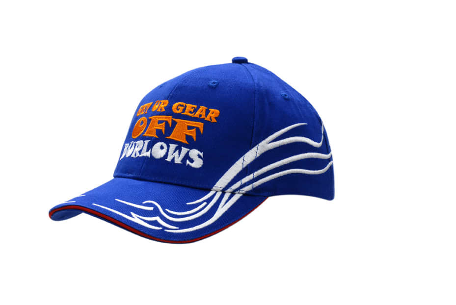 A blue cap with sandwich trim and an embroidered pattern on the crown and peak, featuring a logo.
