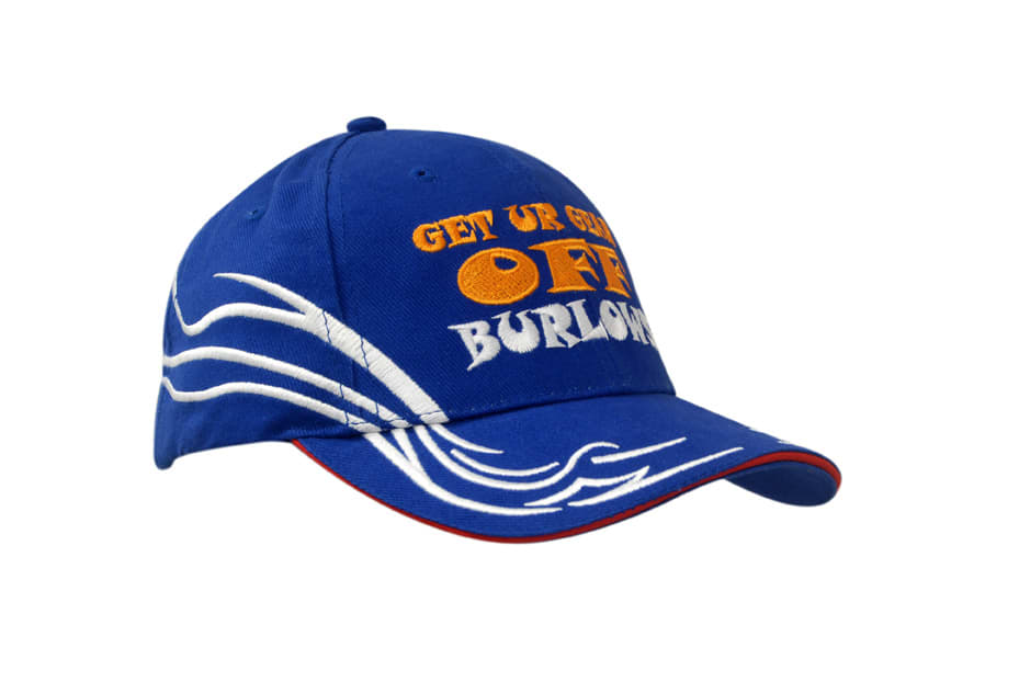 A blue cap featuring an embroidered pattern on the crown and peak, with a logo and sandwich trim.