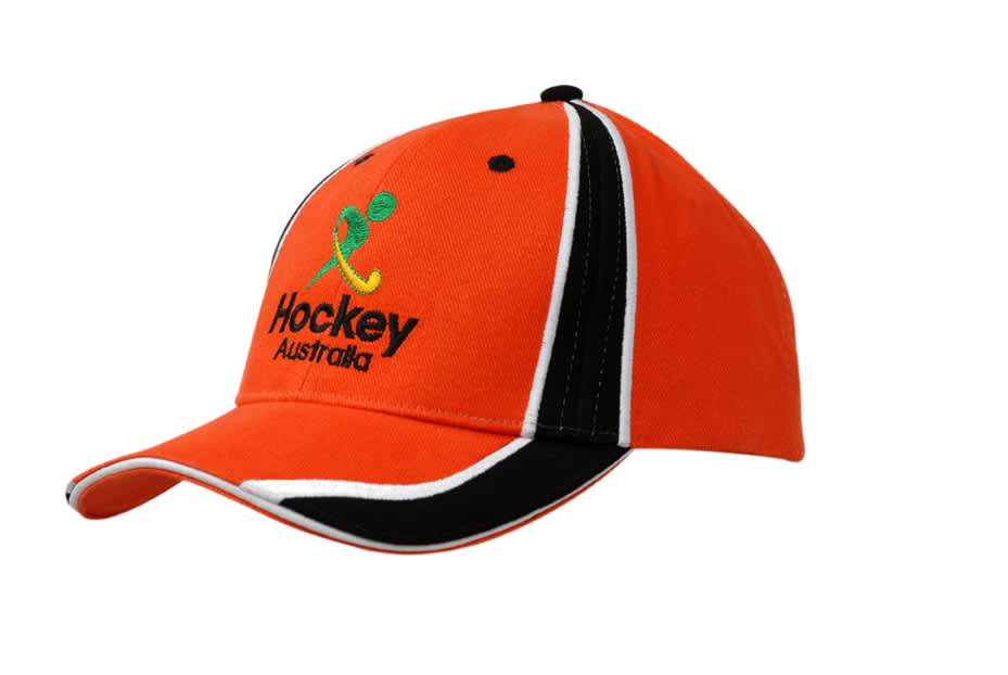 An orange cap featuring black sandwich trim and fabric inserts, with embroidery on the crown and peak.