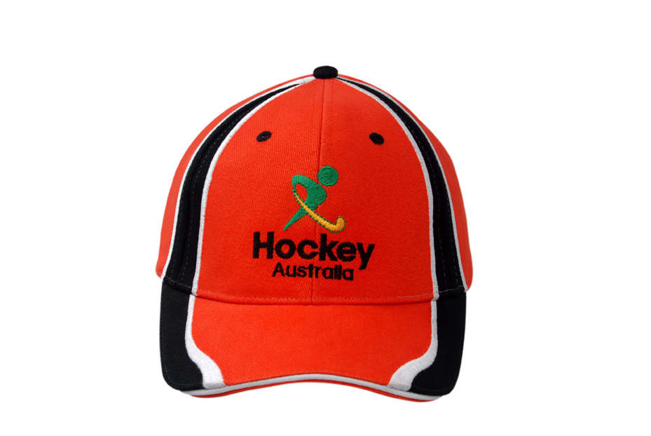 A bright orange cap with black sandwich trim and fabric inserts, featuring an embroidered logo on the crown and peak.