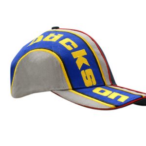 A grey cap with blue and yellow sandwich trim and embroidered lines on the crown and peak, featuring a logo.