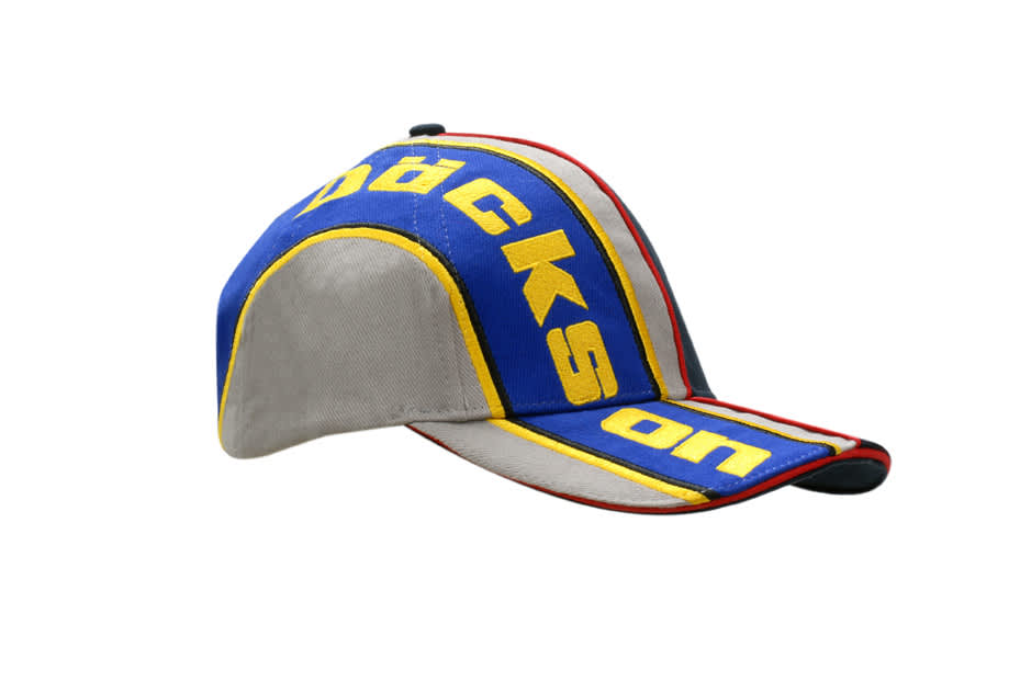 A grey cap with blue and yellow sandwich trim and embroidered lines on the crown and peak, featuring a logo.