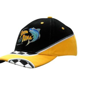 A black and yellow cap featuring an embroidered fish design and printed check patterns on the peak, with a logo.