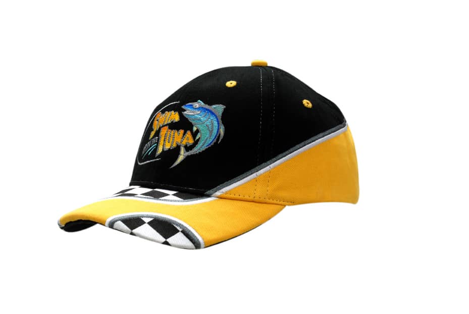 A black and yellow cap featuring an embroidered fish design and printed check patterns on the peak, with a logo.