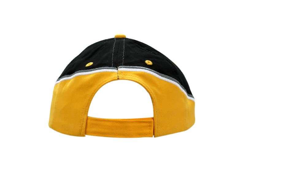 A black and yellow cap with embroidered detailing on the crown and peak, featuring printed checks on the peak.