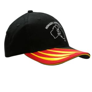 A black cap featuring a red and yellow sandwich trim, with an embroidered logo on the peak.