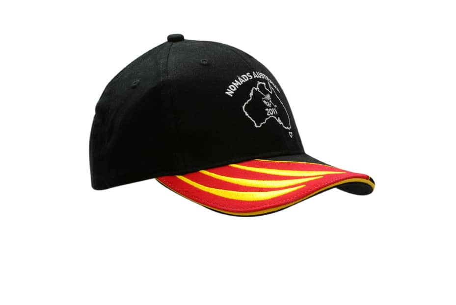 A black cap featuring a red and yellow sandwich trim, with an embroidered logo on the peak.