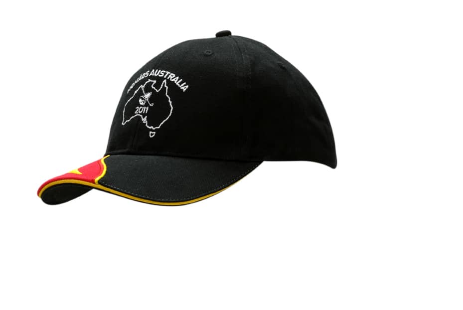 A black cap with a fabric insert, embroidery on the peak, and sandwich trim in yellow and red. It has a logo.